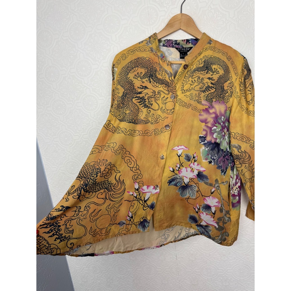 Citron Santa Monica Silk Dragon Floral Blouse Yellow Mandarin Collar Large - Picture 3 of 6